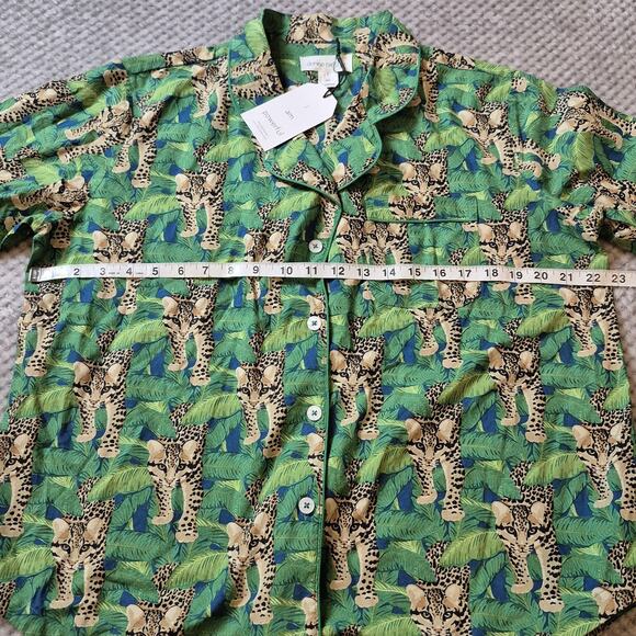 Denise Rae Organic Cotton Poplin Women Large Pajama Set Green Leopard Wild Free - Picture 7 of 13